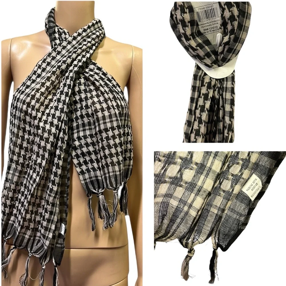 Houndstooth Cream and Black Lightweight Woven Scarf with Fringe 59” x 14”